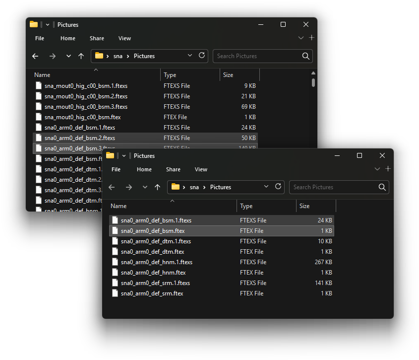 The original locations of the texture files, highlighted in File Explorer